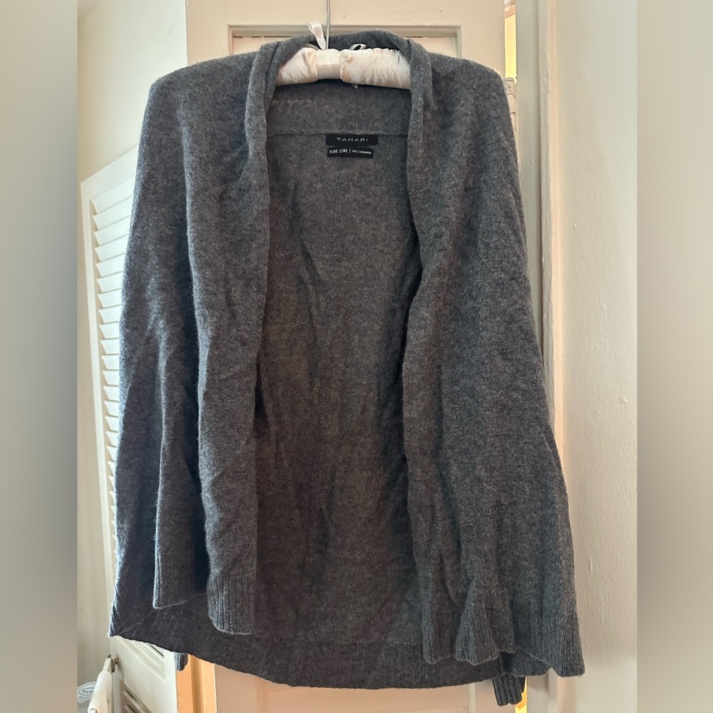 Tahari 100% Cashmere Cardigan Sweater Womens Small Heathered Gray Open Front